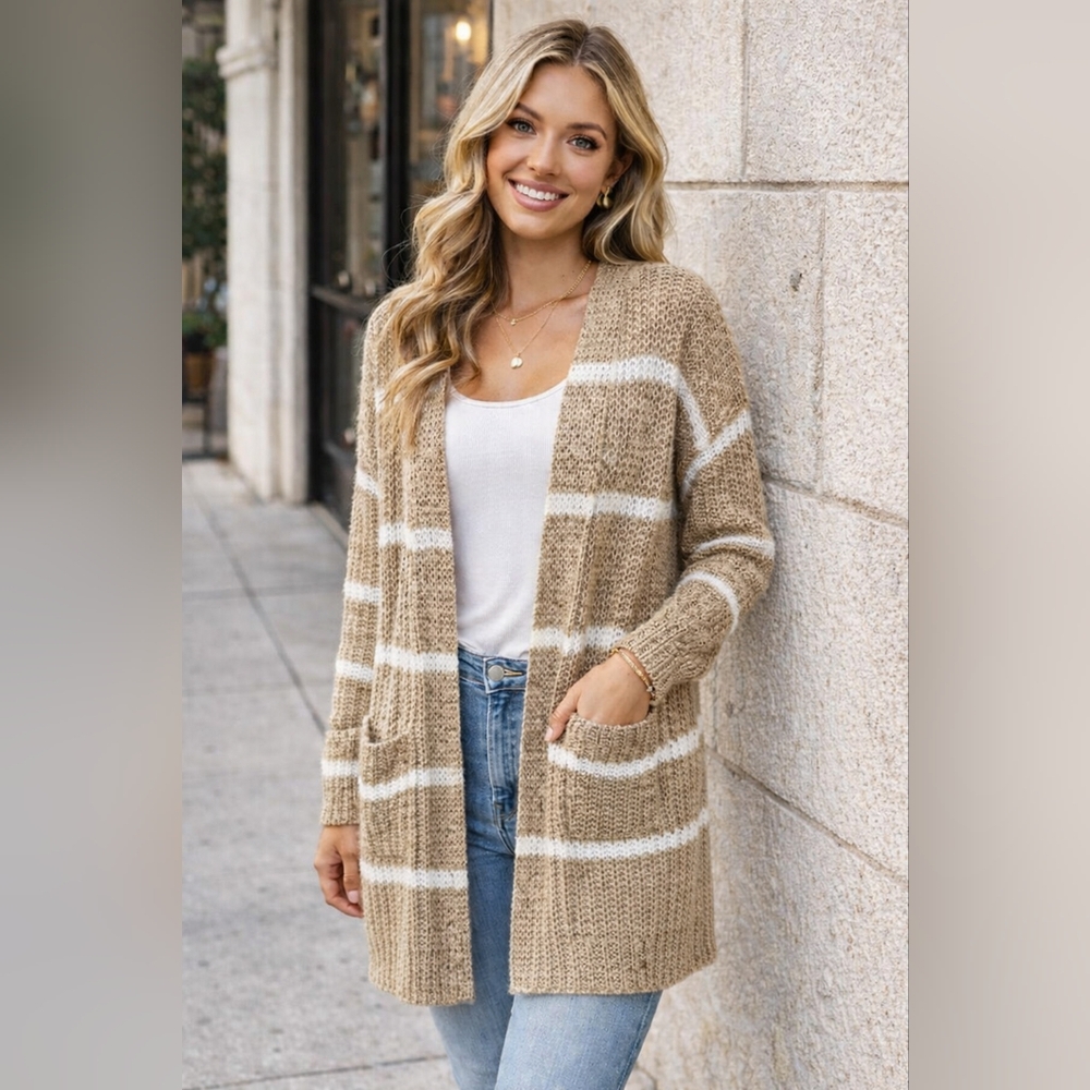 Macaron Cardigan Sweater Small Neutral Beige White Striped Open Knit Pockets - Picture 2 of 8